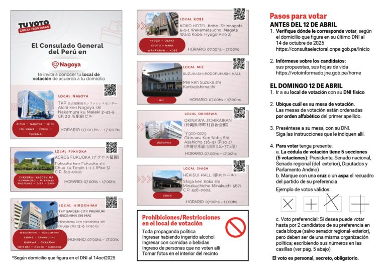 Perú – Elecciones Generales 2026 – Locales de votación de la jurisdicción del Consulado General del Perú en Nagoya