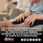 LOS CASOS DE ENFERMEDAD DE MANOS, PIES Y BOCA AUMENTARON EN 1.3 VECES EN COMPARACIÓN A LA SEMANA ANTERIOR. SE HA ELEVADO LOS NIVELES DE ALERTA EN 35 PREFECTURAS