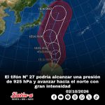 El tifón Nº 27 podría alcanzar una presión de 925 hPa y avanzar hacia el norte con gran intensidad